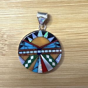 Sunrise Multi stone INLAY .925 SILVER MEDALLION PENDANT